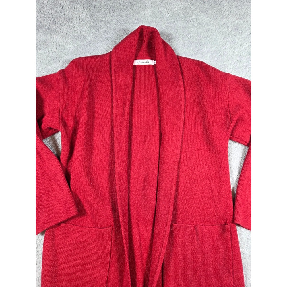 Minimalist Cardigan Womens Red Longline Open Front Sweater Shawl Collar Small - Picture 2 of 9
